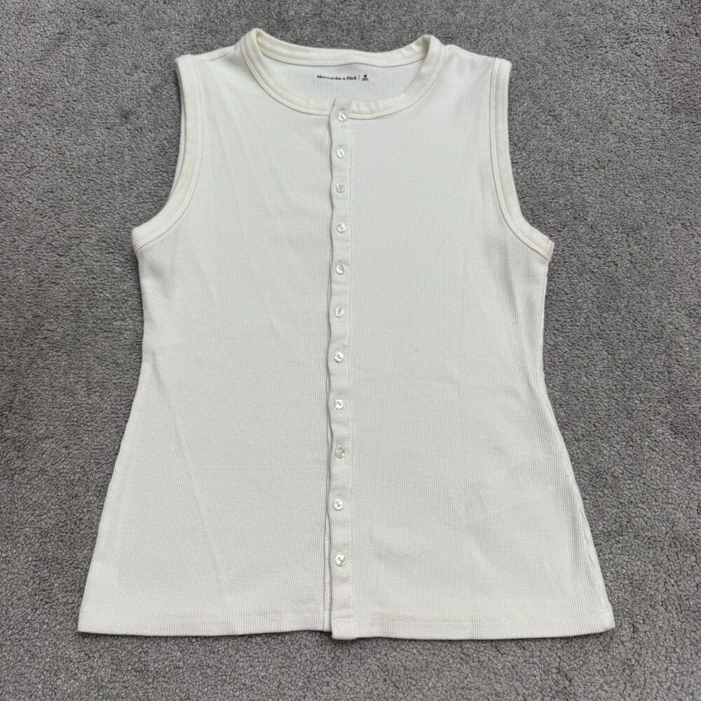 Abercrombie & Fitch Button Up Ribbed Knit Tank Top Womens Medium White Stretch